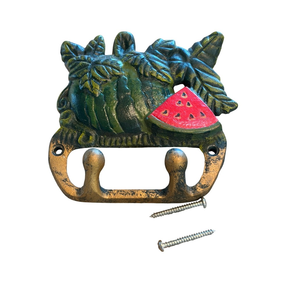 Cast Iron Watermelon Wall Hook Double Rack Rustic Fruit Decor Green Red Bronze